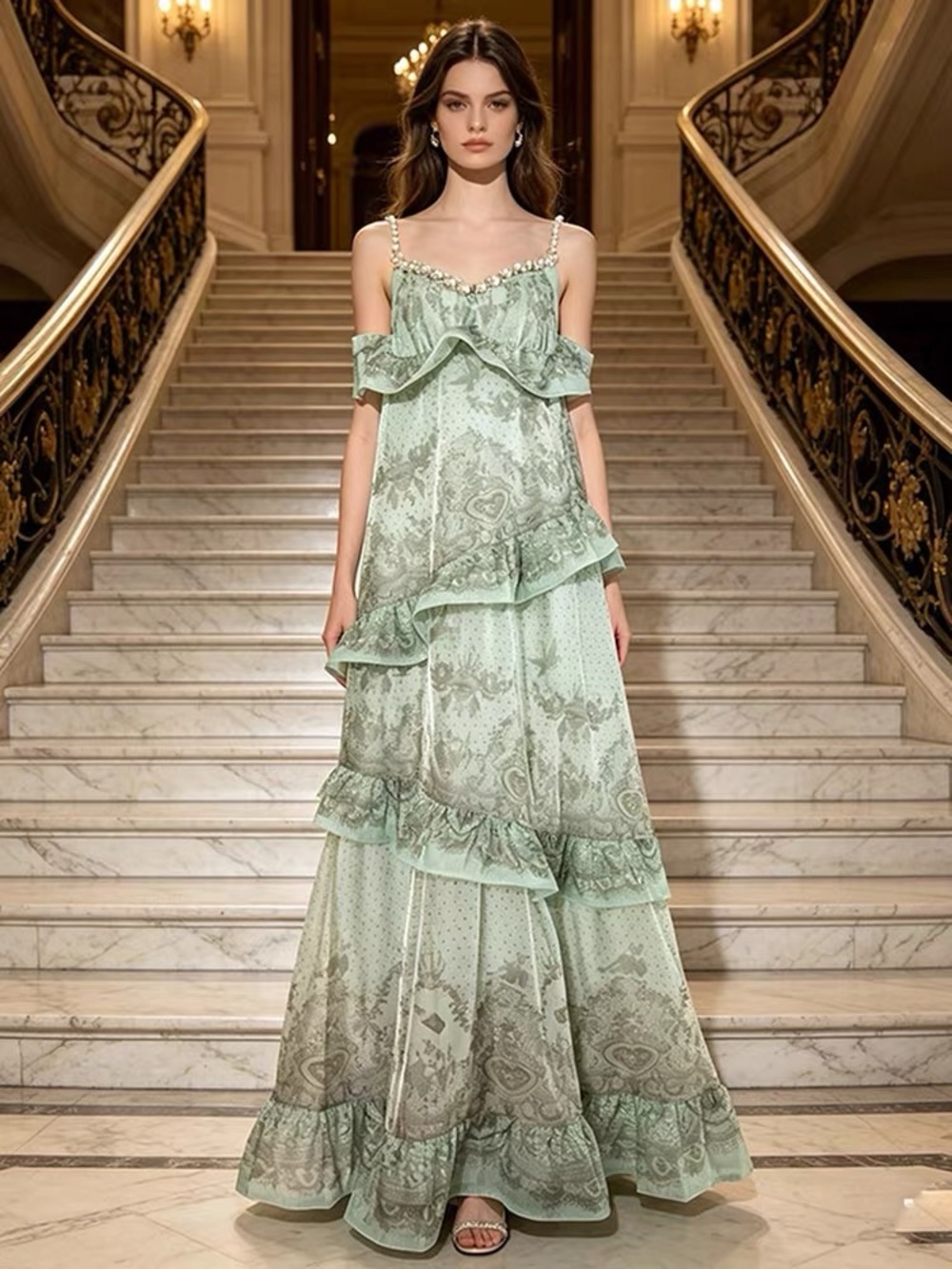 Stunning Designer Mint Green Chiffon Lace Pearl Maxi Dress